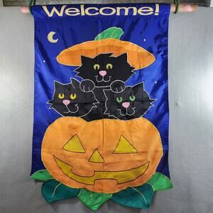 WELCOME Black Cat Pumpkin Garden Flag Banner Double Sided Appliqued Yard 27.5x41
